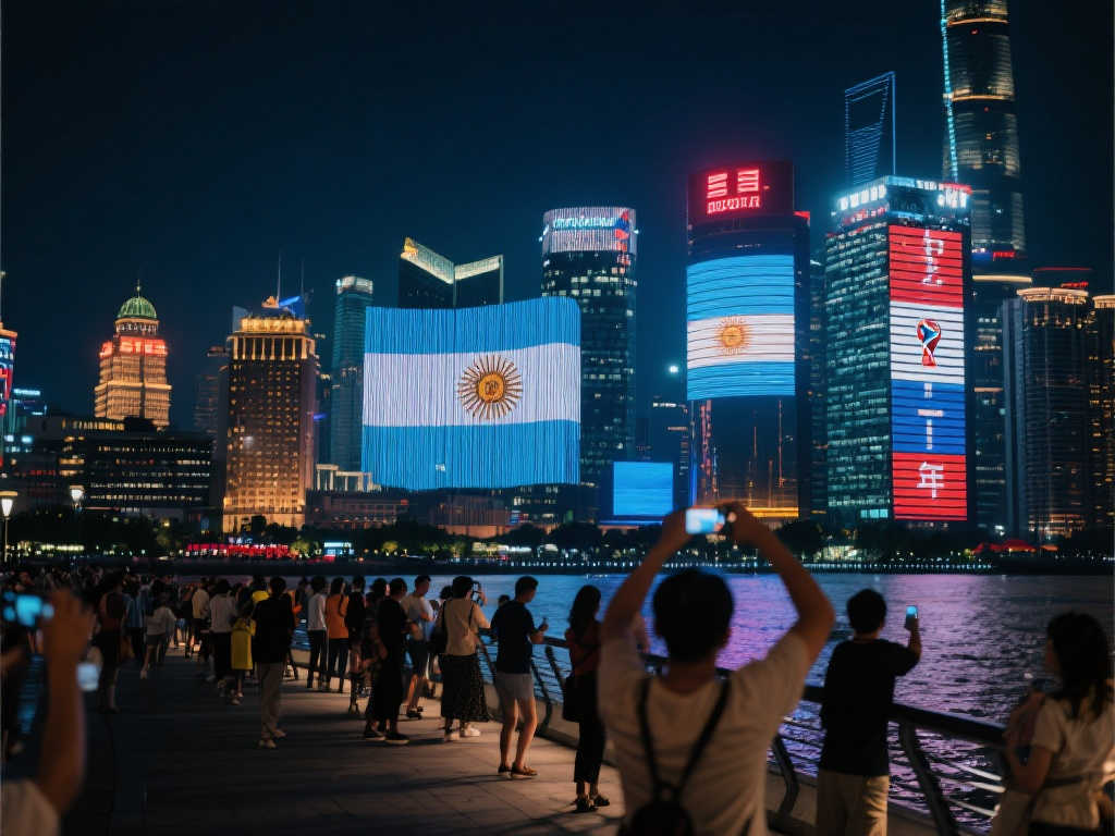 上海黄浦江畔城市地标点亮阿根廷色彩，致敬世界杯冠军一周年